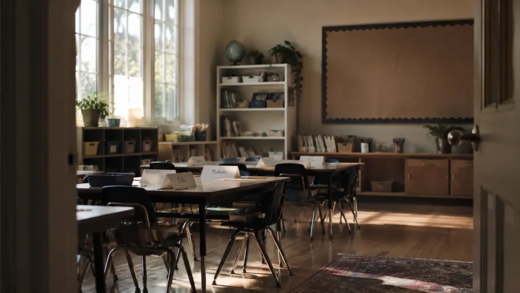 An empty school hall with chairs set out in rows and afternoon light through high windows