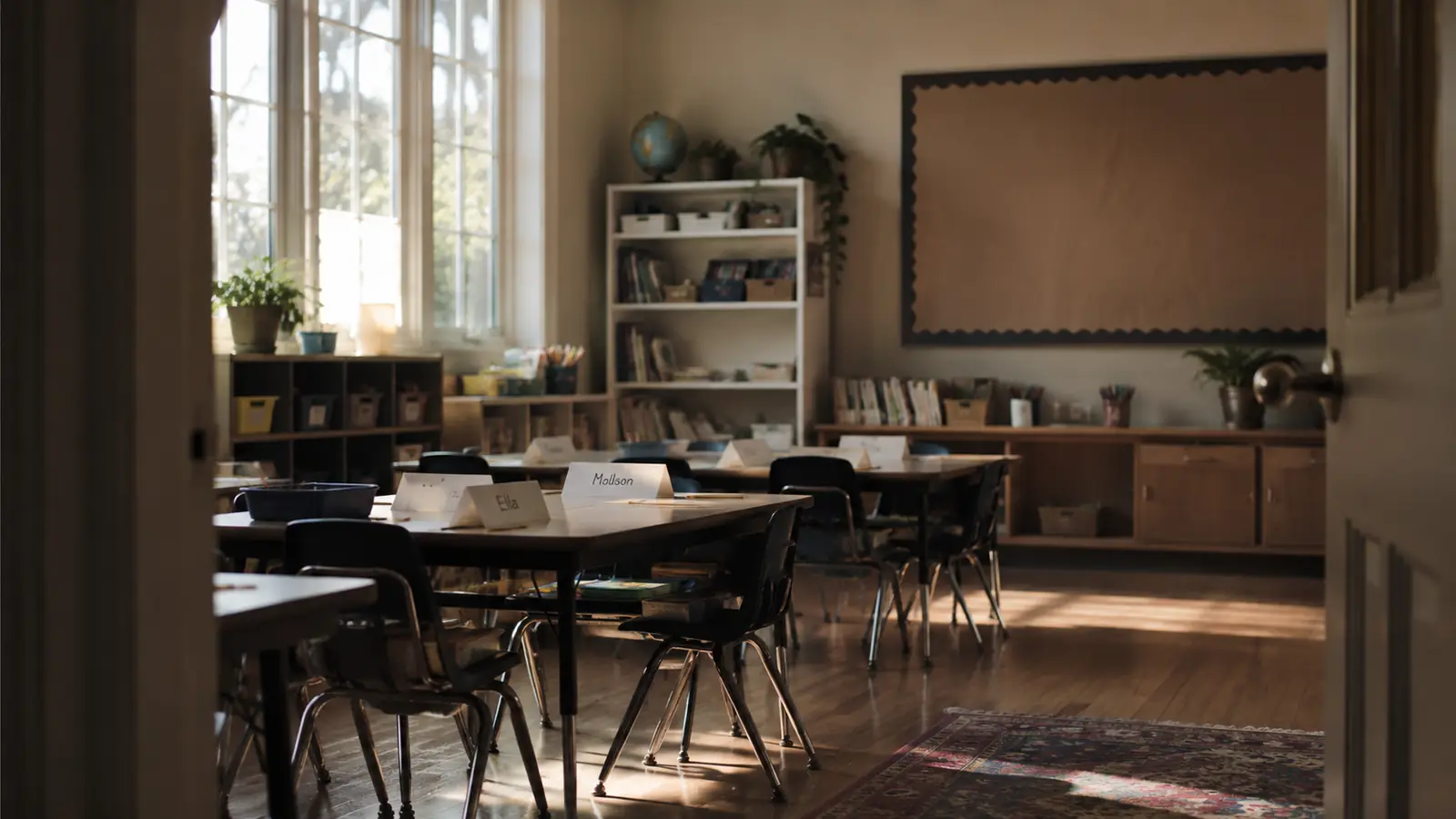 An empty school hall with chairs set out in rows and afternoon light through high windows