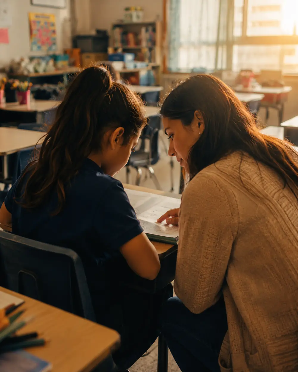 A child standing at a teacher's desk in a classroom having a short private conversation