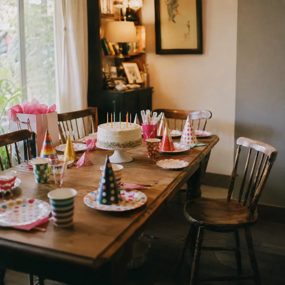A set table with one empty chair pulled slightly back from it