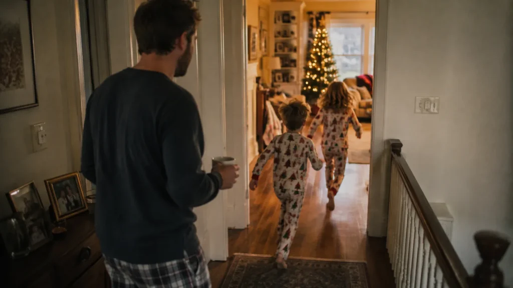 Children in pyjamas walk down a hallway on Christmas morning towards the living room