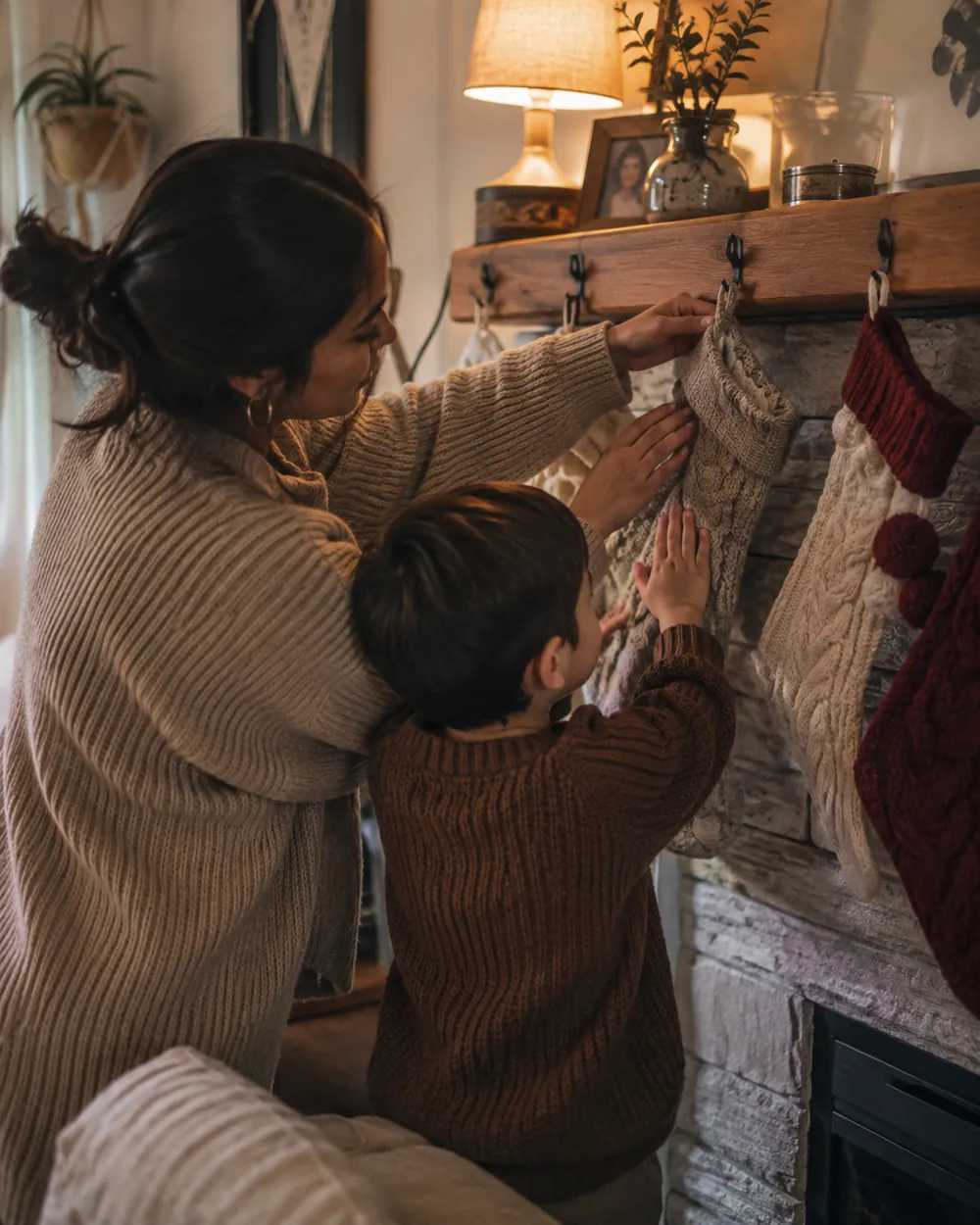 Knitted Christmas stockings hang in a row from a mantelpiece