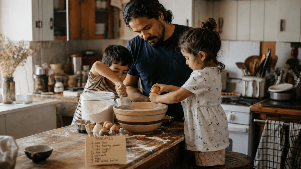 A Latino dad and his two kids make pancakes together in a bright kitchen, relaxed and unhurried