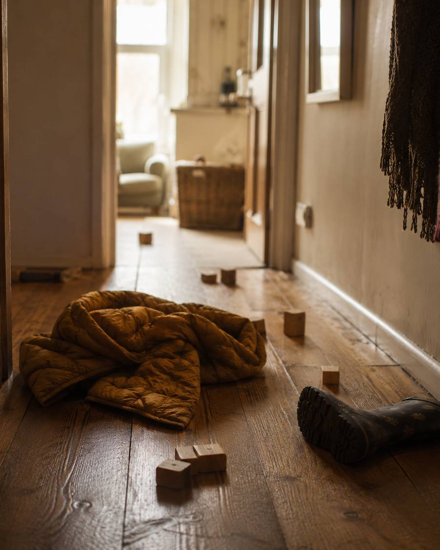 A hallway after an outburst, coat and shoes on the floor