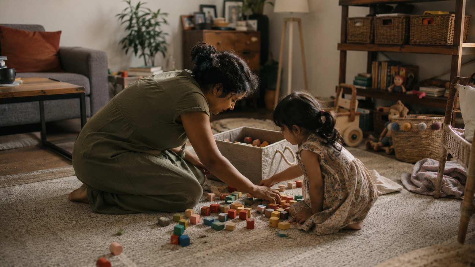 A parent and child put toys back into a basket together on a living room floor