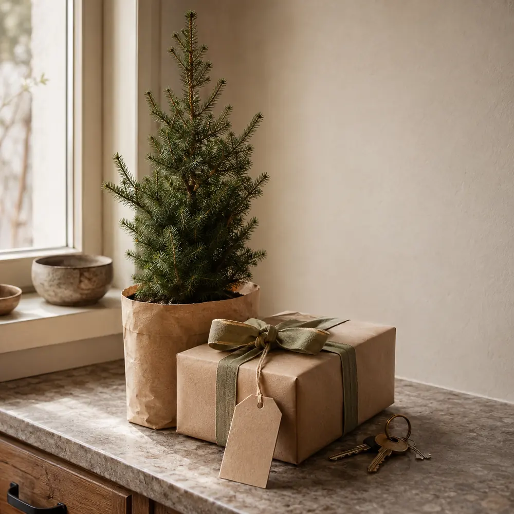 A small potted pine tree and a brown paper parcel with a gift tag on a windowsill