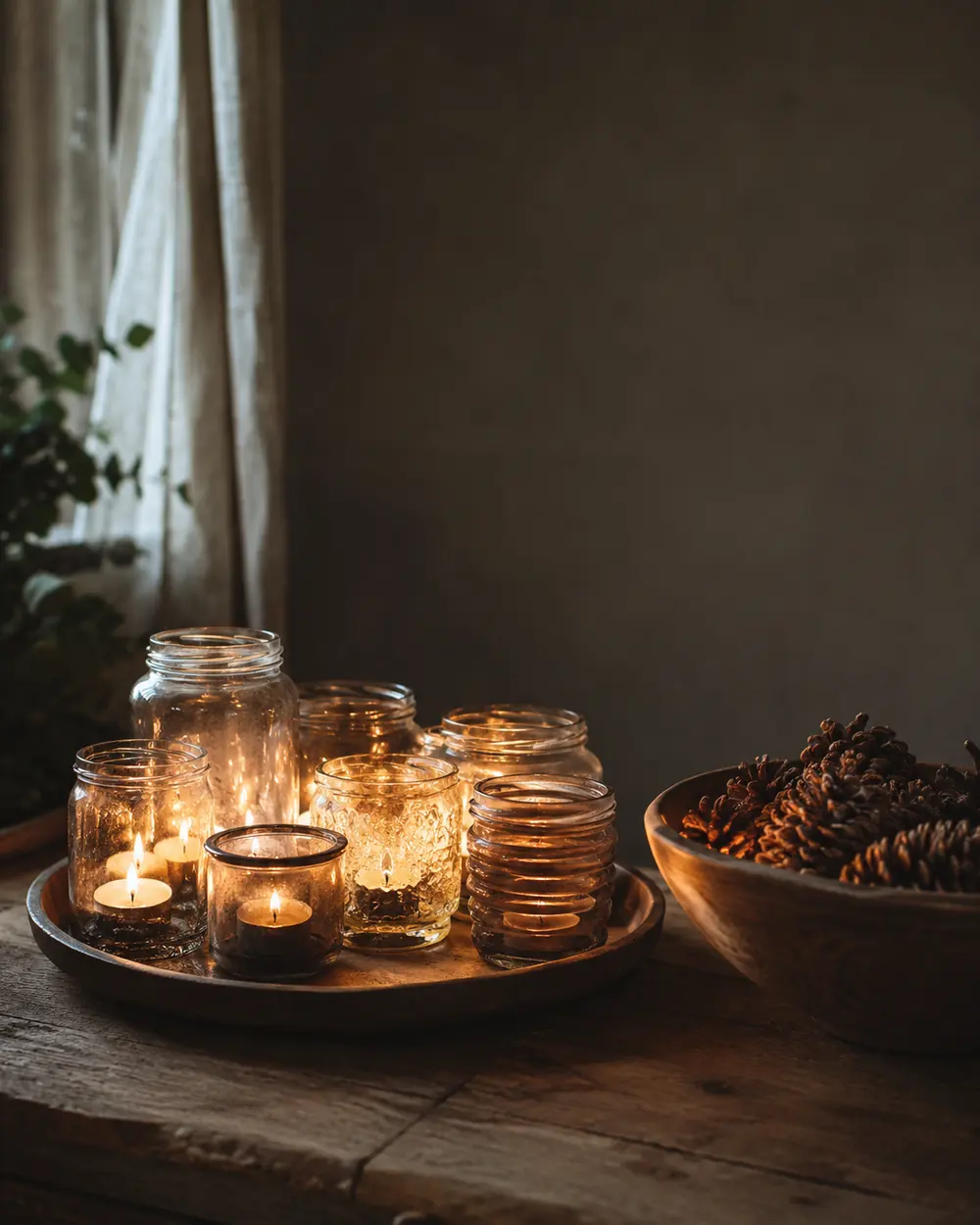 Lit candles in glass jars on a tray beside a bowl of pine cones in a dim room