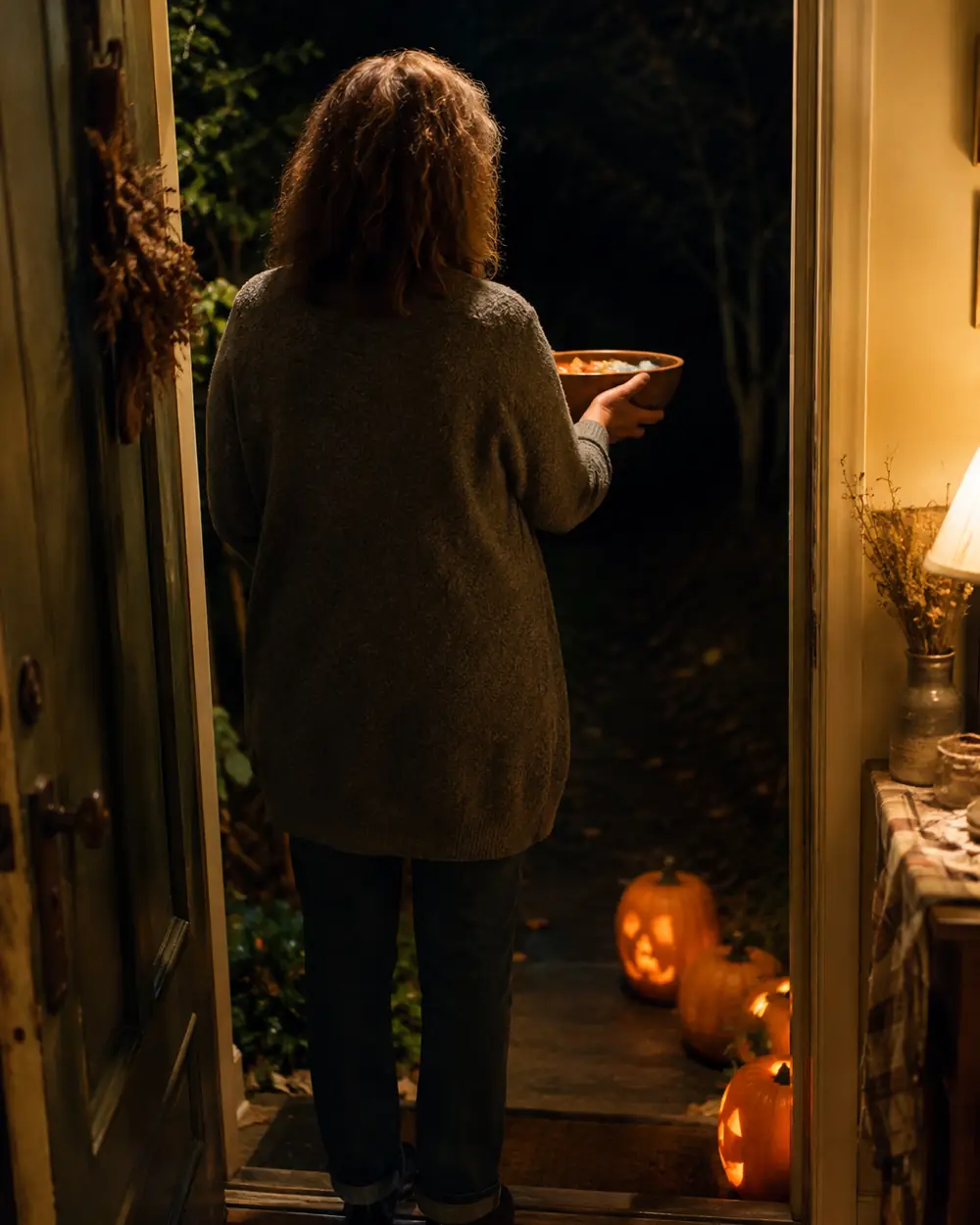 A bowl of wrapped candy on a table in an open doorway with warm light behind it