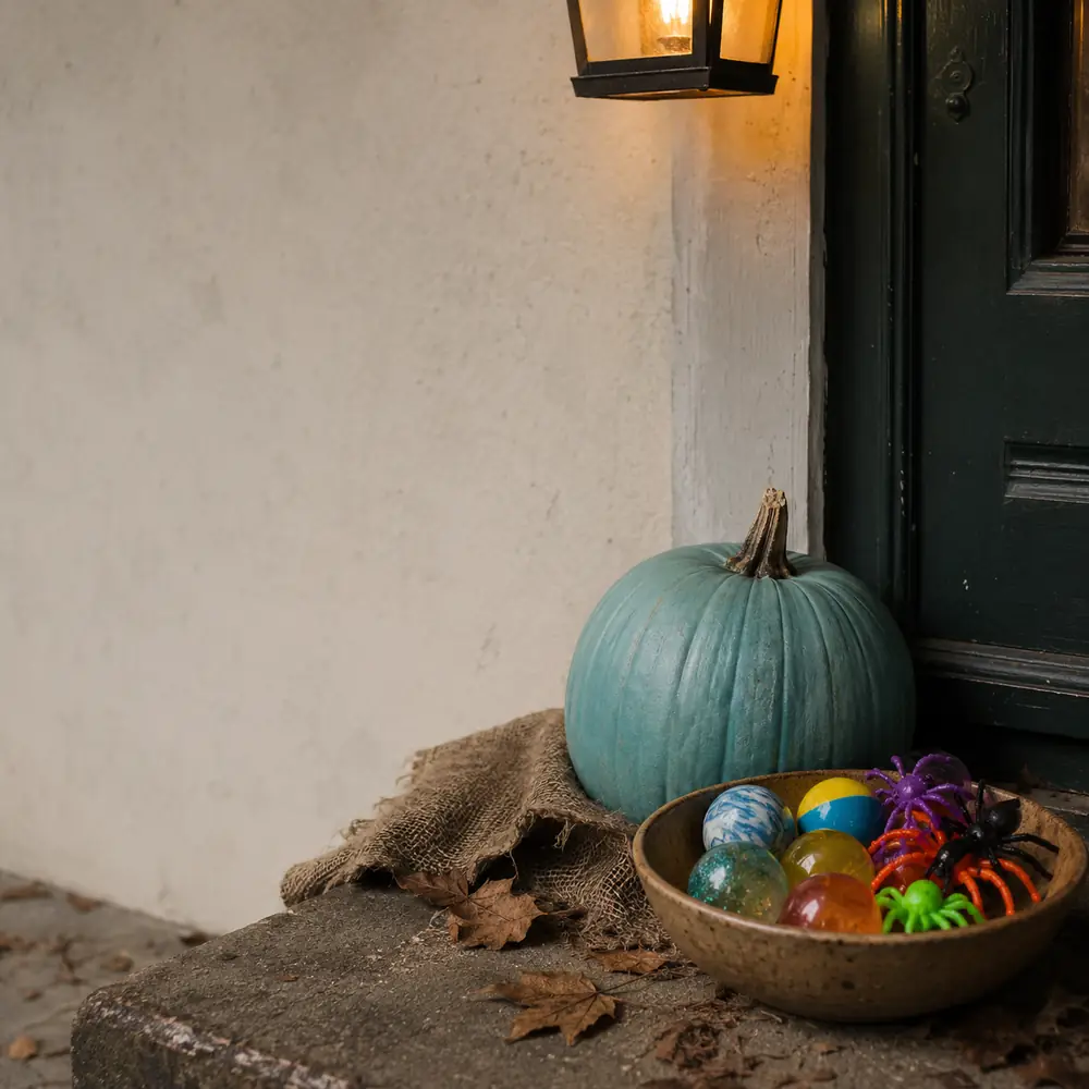 A teal painted pumpkin on a doorstep beside a bowl of bouncy balls and rubber spiders under a porch lantern