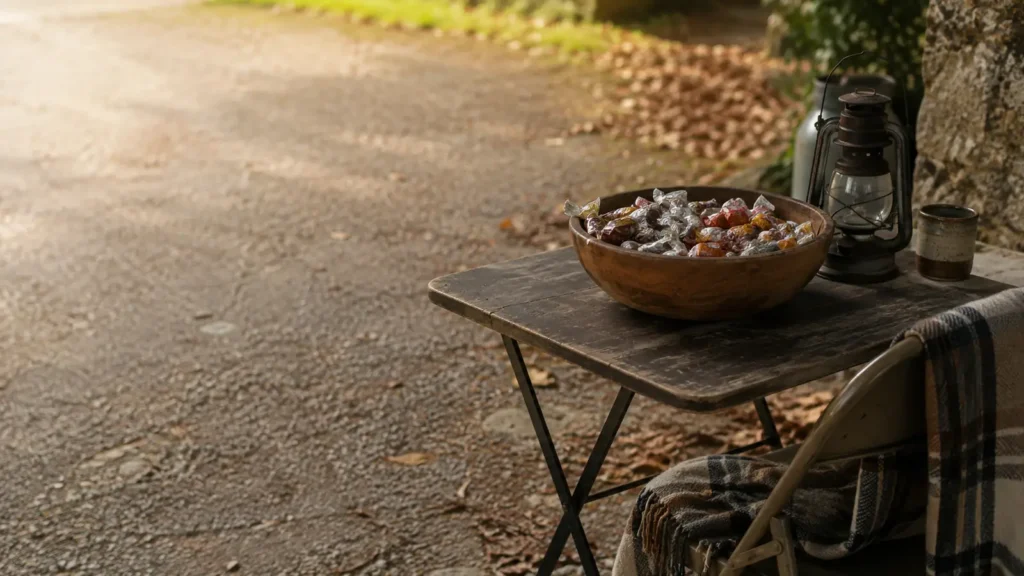 A wooden bowl of wrapped candy on a folding table at the end of a gravel drive with a lantern beside it