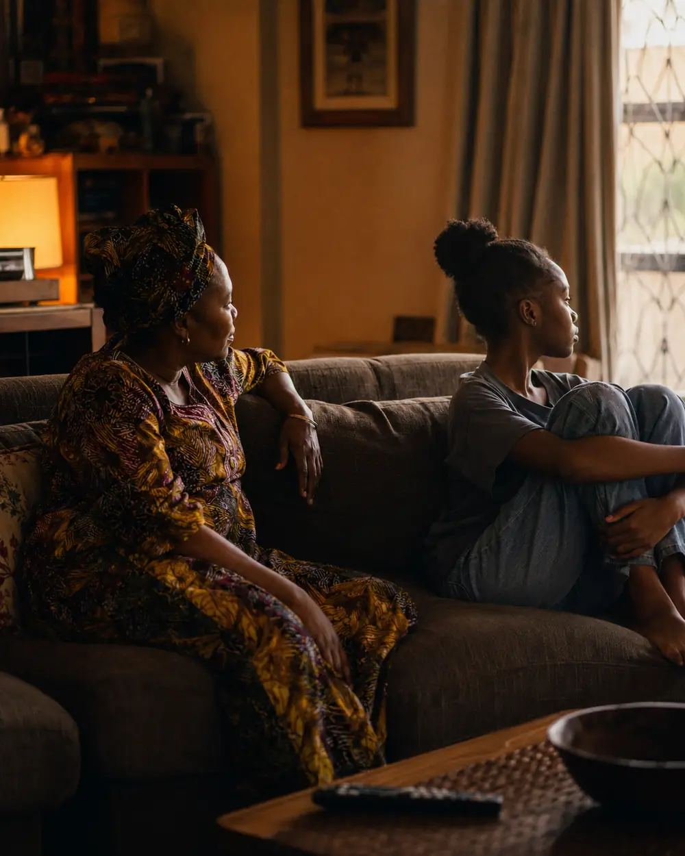 A mother and her daughter sitting close on a sofa in low lamplight, both looking away from the camera