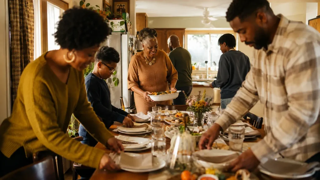 A long kitchen table set for Thanksgiving with mismatched chairs and afternoon light across the plates
