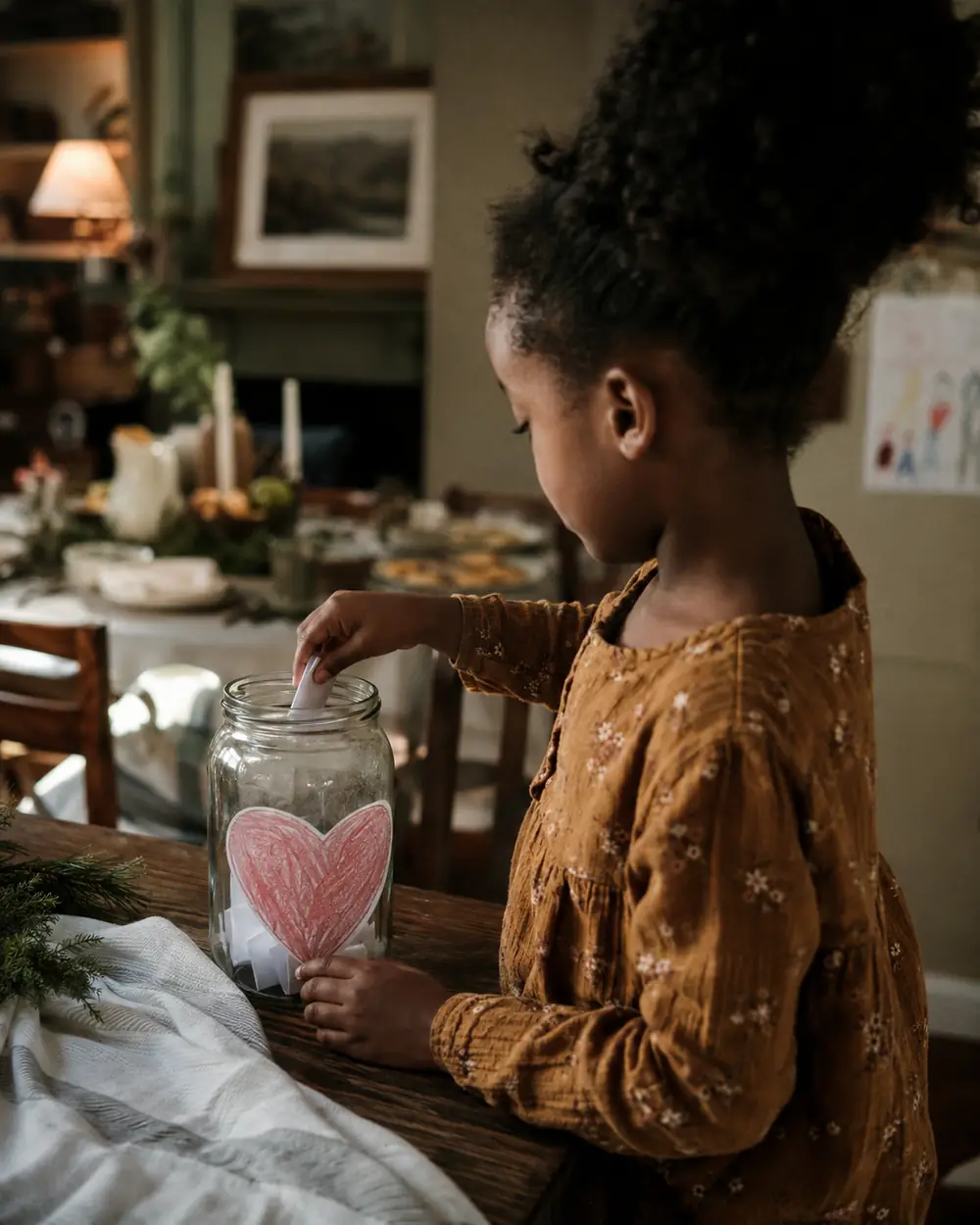 A child writing on a small paper slip beside a glass jar on the Thanksgiving table