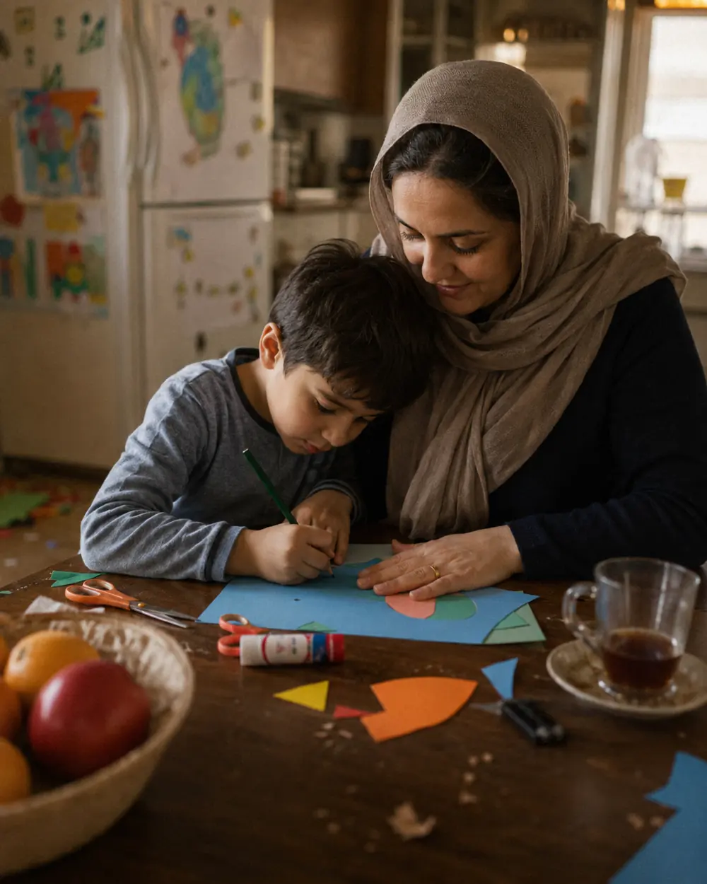 A mother in a headscarf and her young son cutting coloured paper shapes at a kitchen table