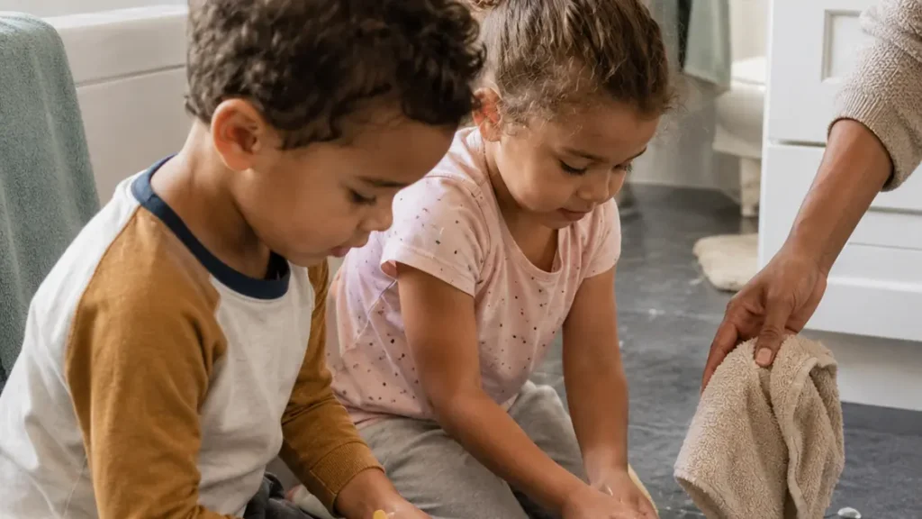 Two young siblings kneel together on a bathroom floor washing toys in a bowl of soapy water while a parent holds out a towel