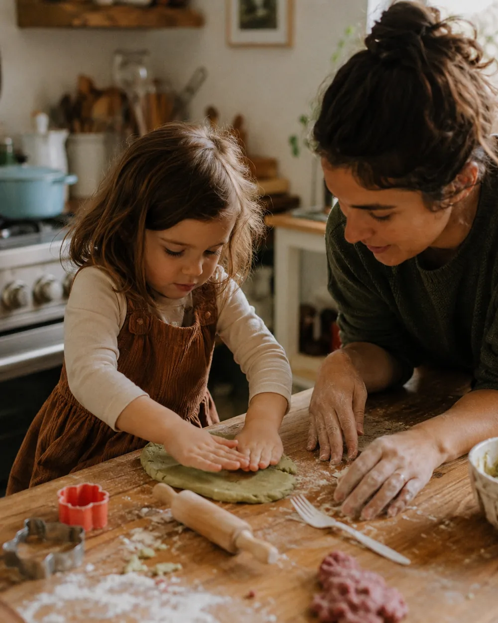 A mother and toddler rolling green playdough with cookie cutters at the kitchen table