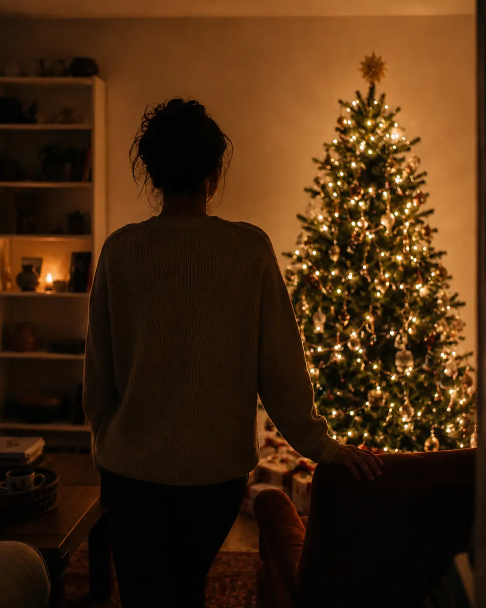An adult standing in a dark living room looking at a lit Christmas tree with presents underneath