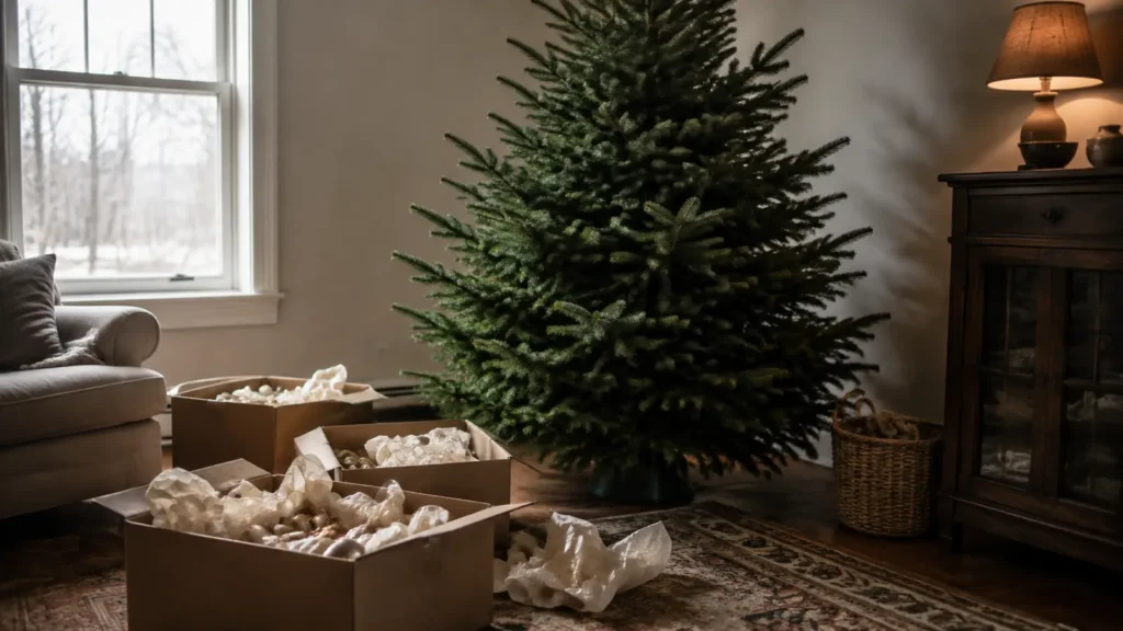 A bare Christmas tree in a living room with open boxes of glass ornaments and tissue paper on the floor beside it