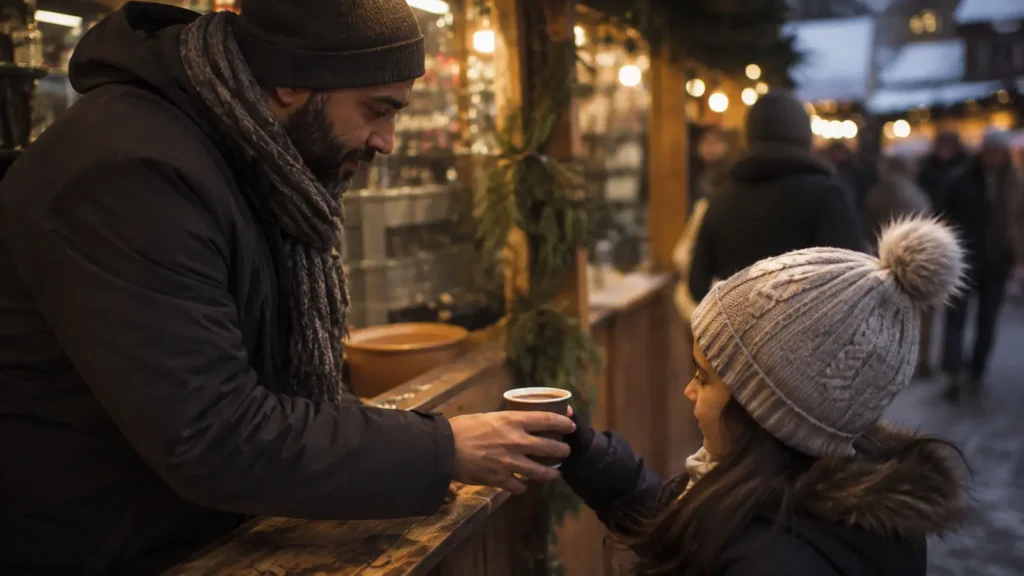 A busy outdoor Christmas market lit by string lights with a cocoa stand and families queueing