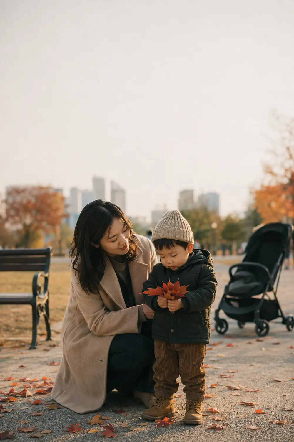 A mother sitting on a city park bench holding a toddler in a beanie, both looking out at something off frame