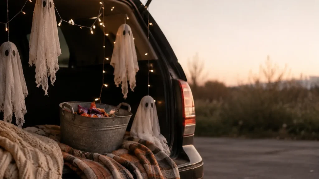 An open car trunk decorated with hanging cheesecloth ghosts and string lights, a metal bucket of candy on a blanket, in a parking lot at dusk