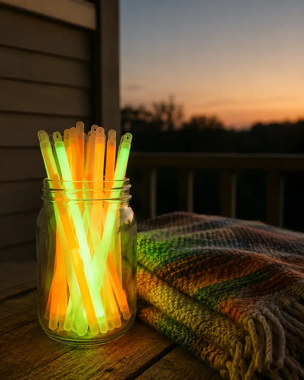 A glass jar of glowing sticks on a porch step in the dark