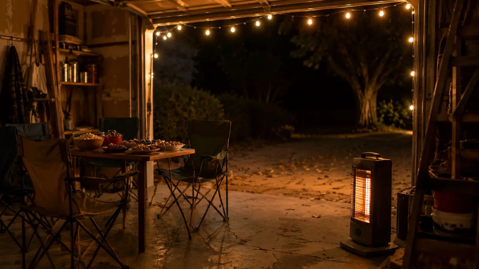 An open garage lit with string lights, a folding table of snacks, camping chairs and a patio heater at night