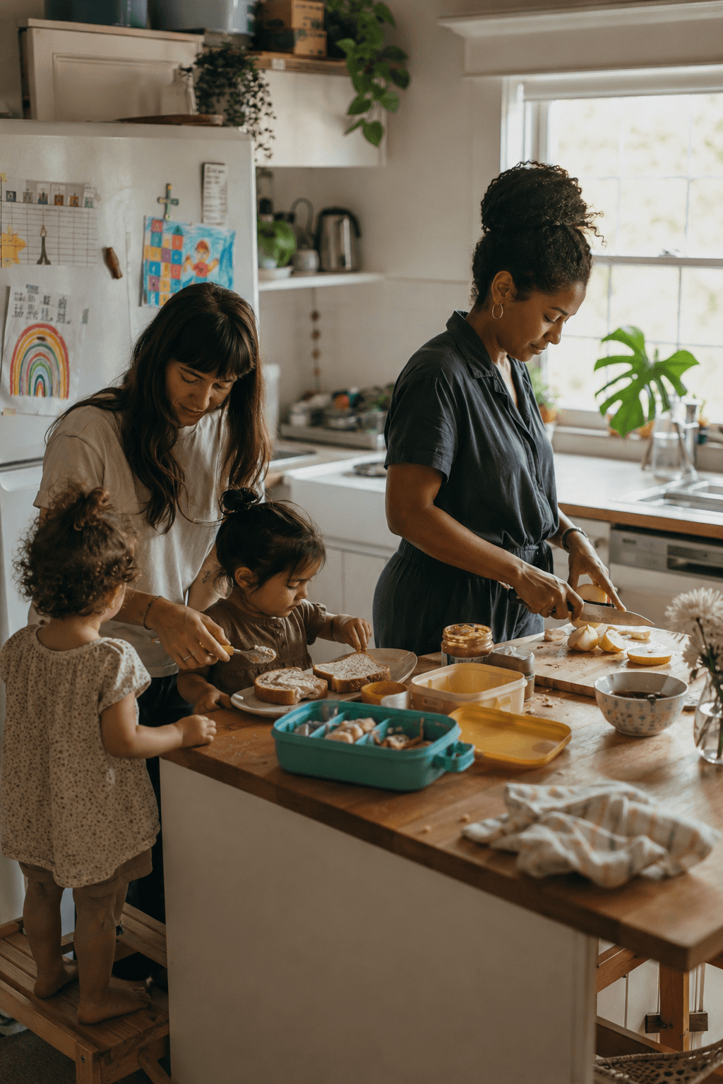 Two parents and two children packing lunch boxes together at the kitchen counter