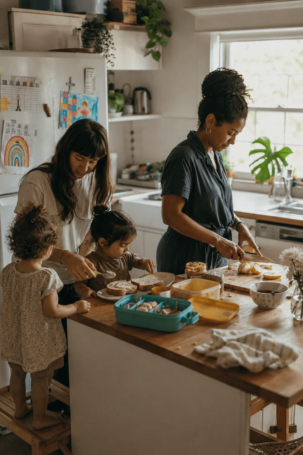 Two parents and two children packing lunch boxes together at the kitchen counter
