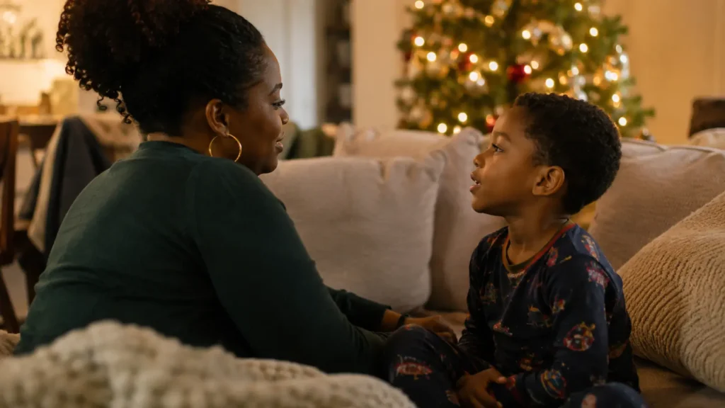 A parent and child sitting together on a sofa talking quietly in December
