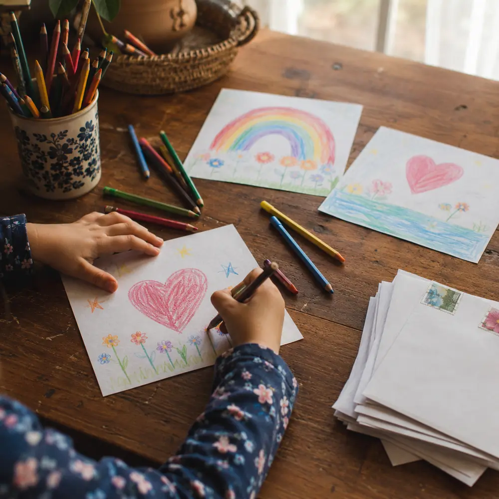 A child drawing thank you cards with crayons at a kitchen table