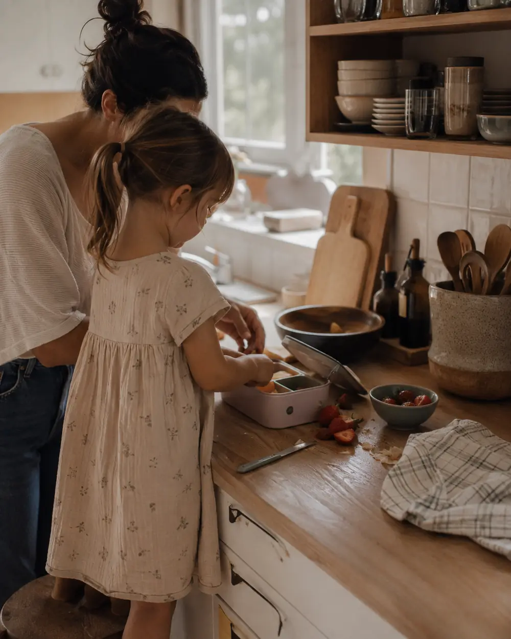 A parent and child pack a lunch box with strawberries on a cutting board at the kitchen counter