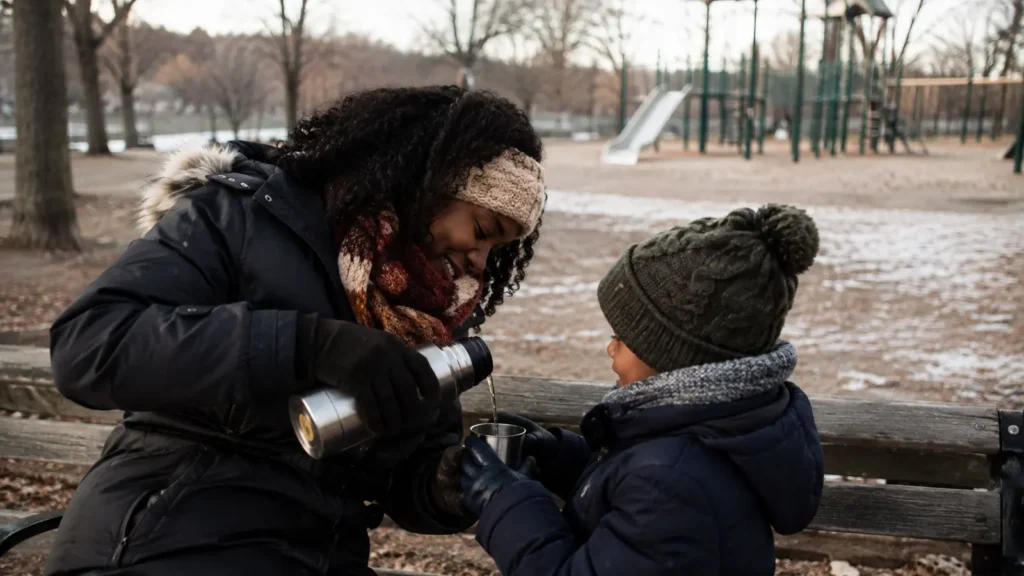 A warm lunch in an insulated food flask sits open on a park bench on a cold winter day