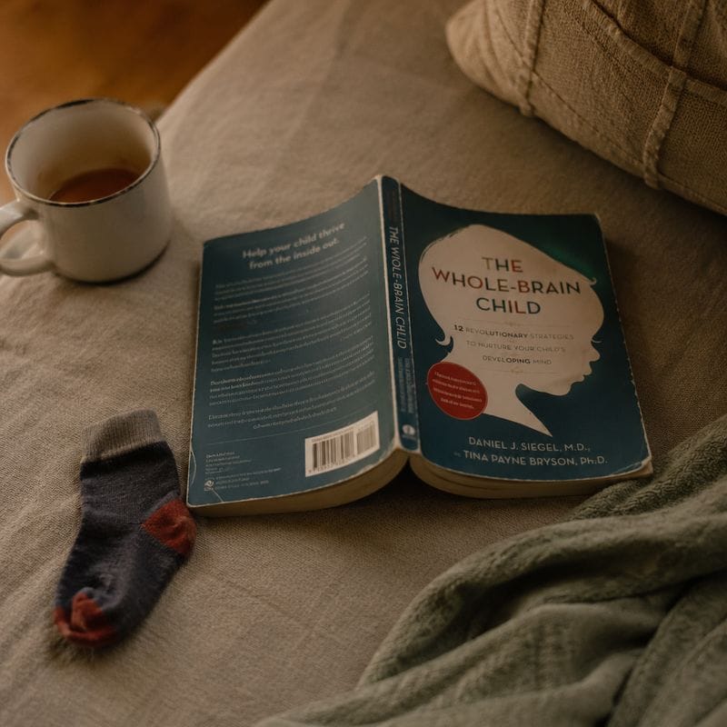 A quiet sofa corner with a folded green blanket, an open book and a warm mug