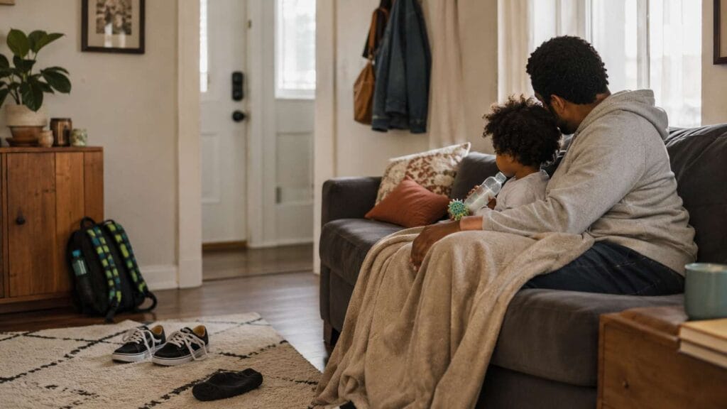 A boy leans against his father on the sofa after school, a soft blanket over his lap, backpack still by the door