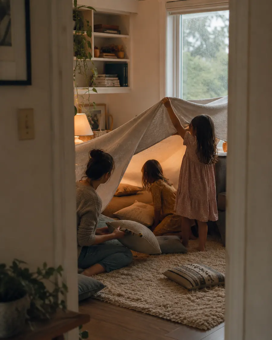 Three children sit inside a blanket fort built between a sofa and chairs
