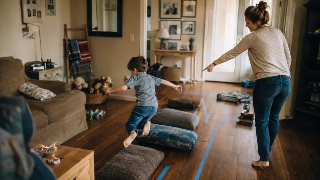 Children climb through an obstacle course built from cushions and chairs in a living room