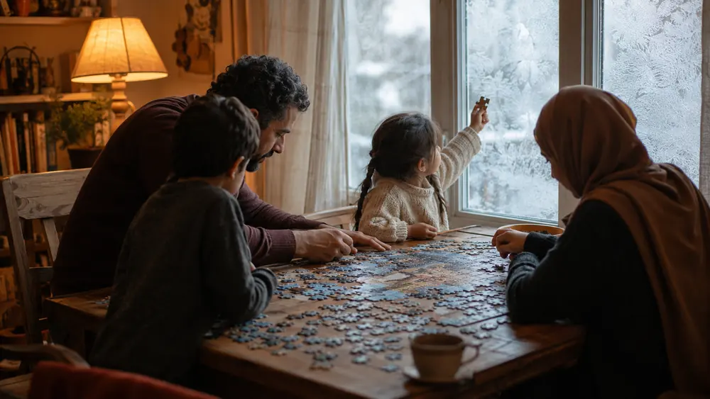 A part-finished jigsaw puzzle on a table beside a window on a grey day