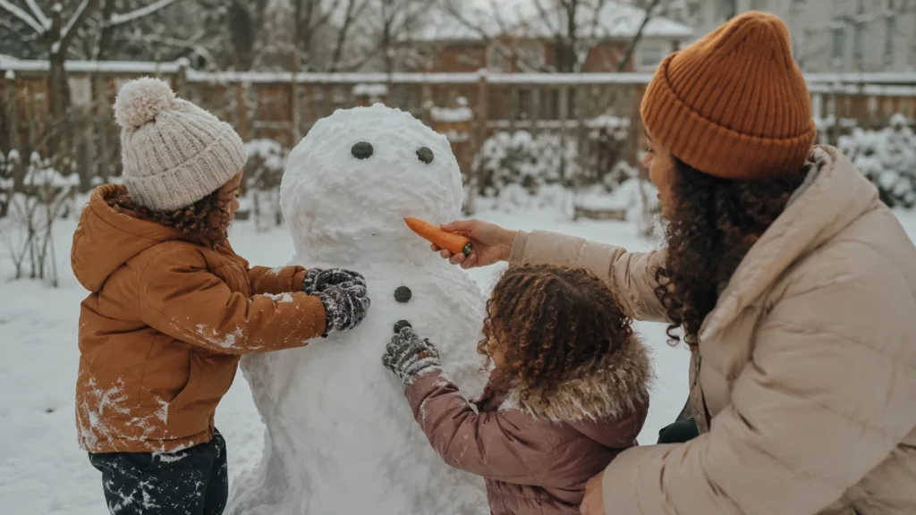 Two children pressing buttons and a carrot into a snowman in a garden on a grey winter afternoon