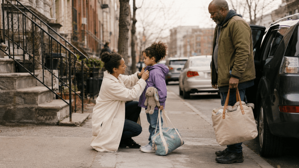 Black parents adjust their young daughters winter coat on a city sidewalk beside their parked car