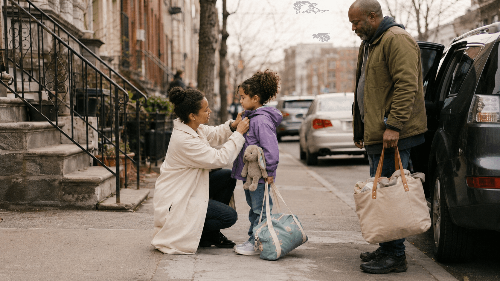 Black parents adjust their young daughter's winter coat on a city sidewalk beside their parked car