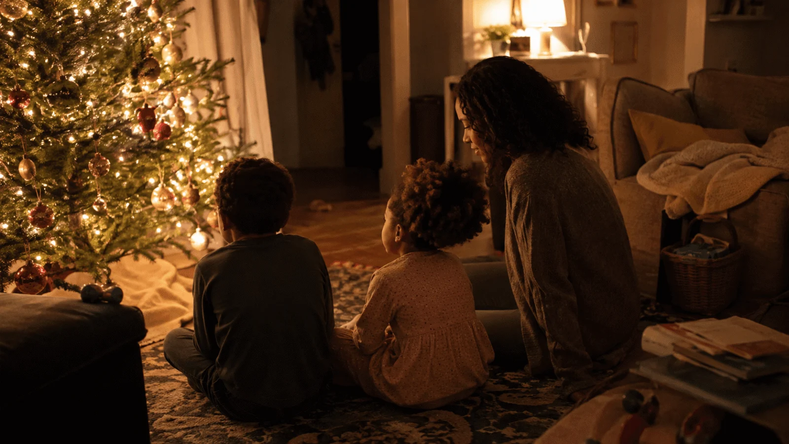A decorated Christmas tree glowing in a warm living room in the evening with toys on the rug