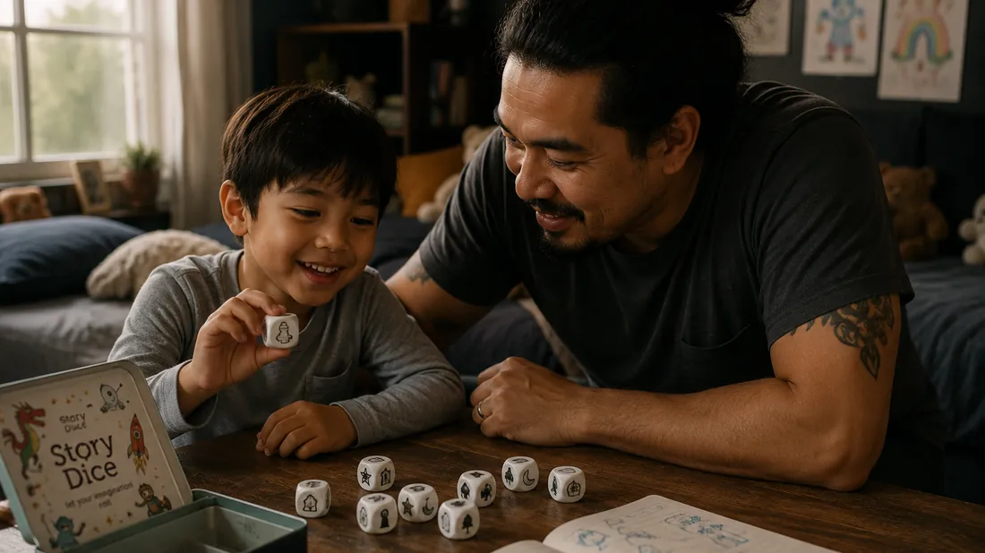 A dad and son laugh over a game of story dice at a low table