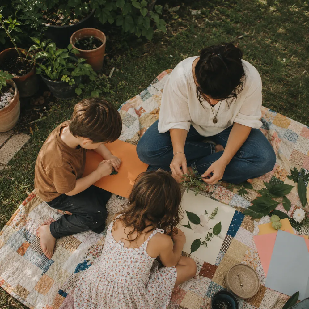 A mom and two children arrange pressed leaves and flowers on paper during a garden nature craft
