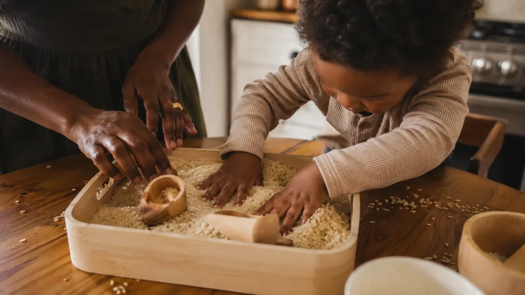Toddler and mom dig hands into a wooden rice sensory tray on a kitchen table