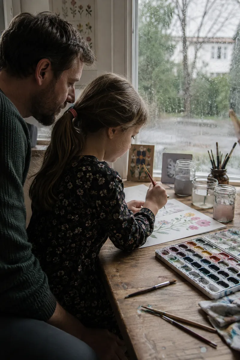 A father and young daughter paint watercolor flowers together at a rain-streaked window