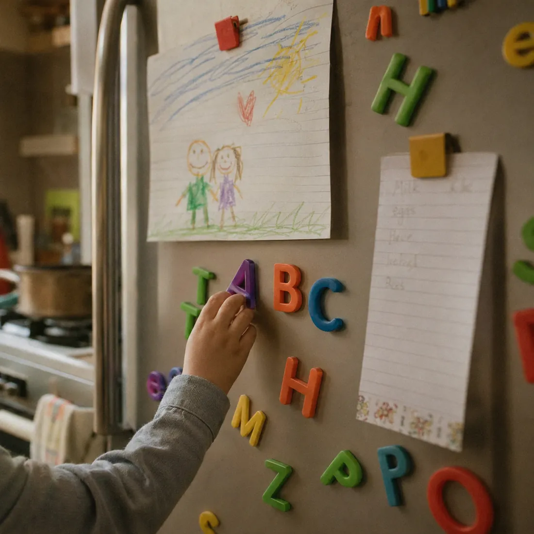 A child's hand arranges alphabet magnets on a fridge covered in drawings