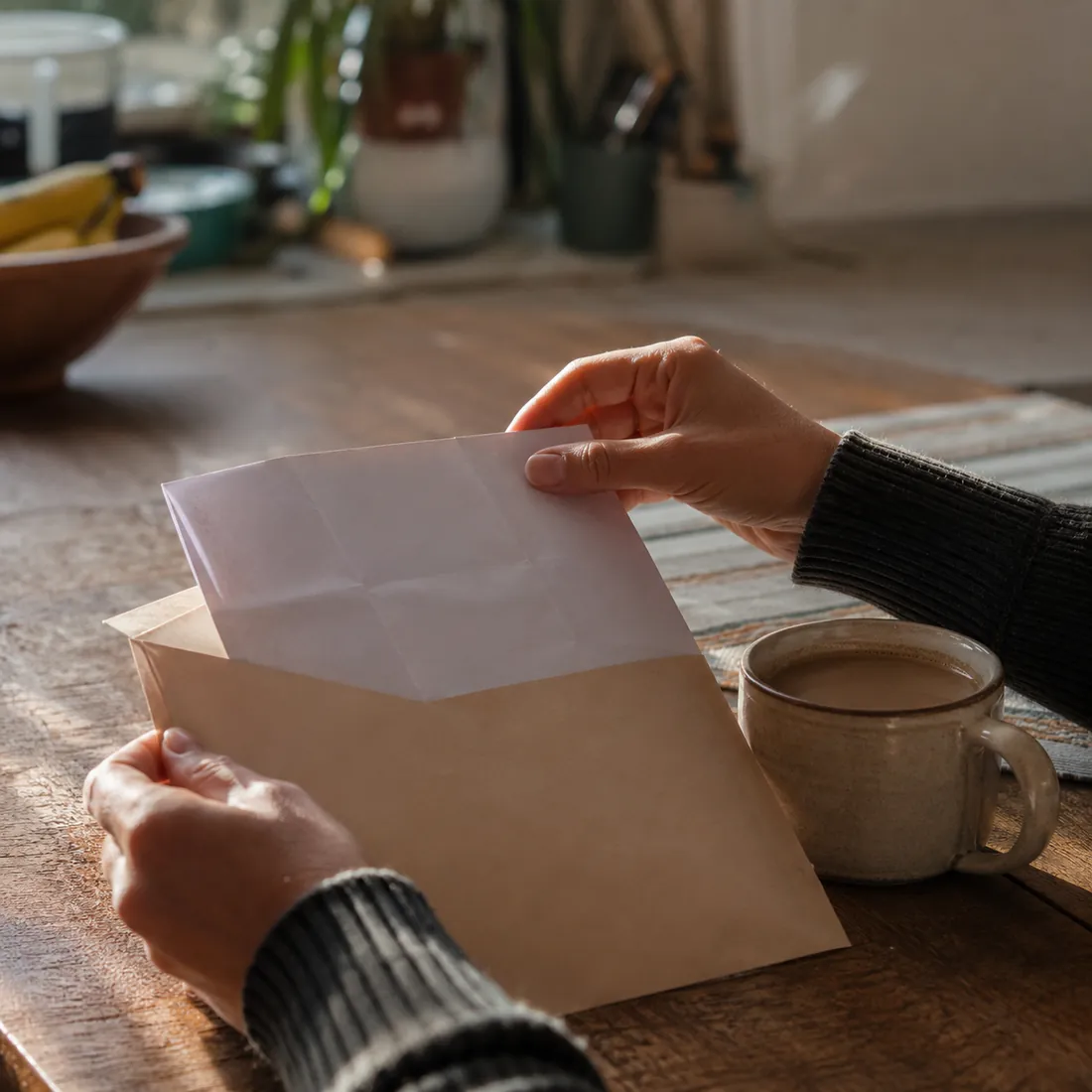 Two hands slide a folded sheet of paper out of a brown envelope on a kitchen table beside a mug of coffee