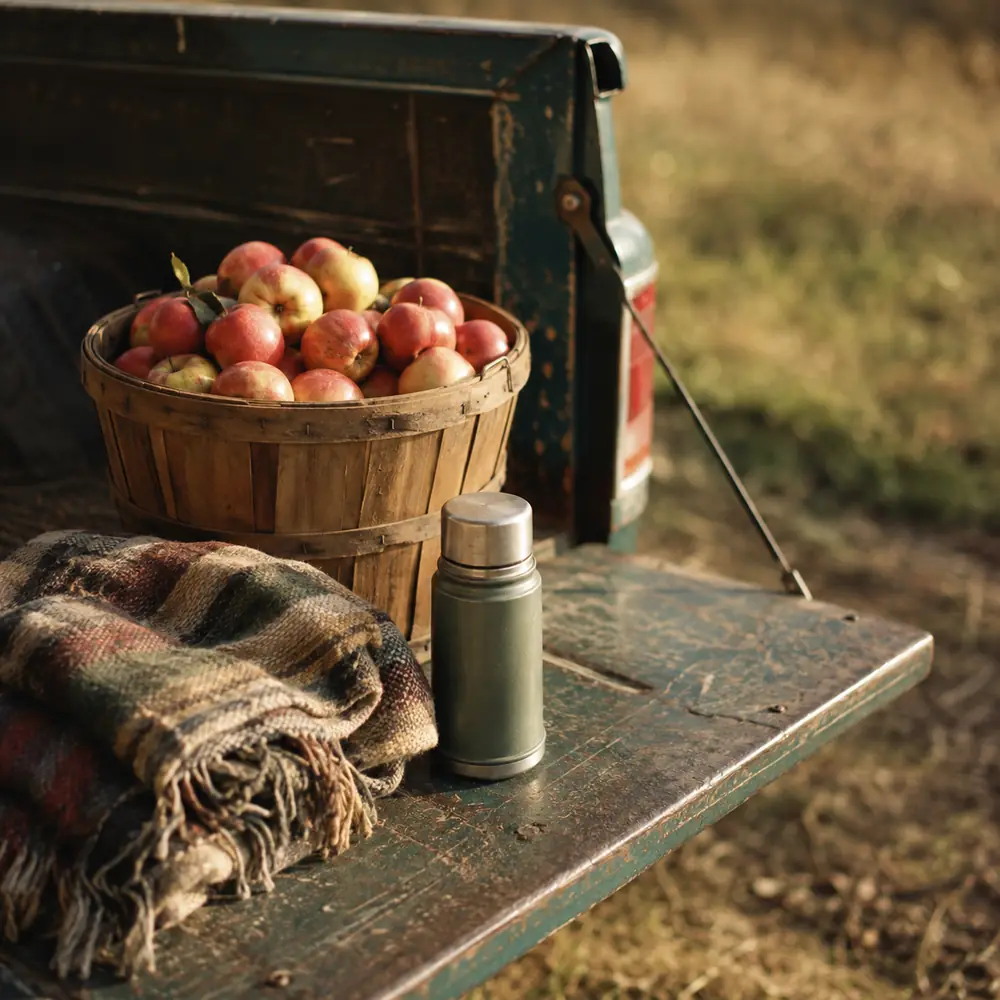 A bushel basket of red apples on the tailgate of an old pickup truck with a plaid blanket and a thermos