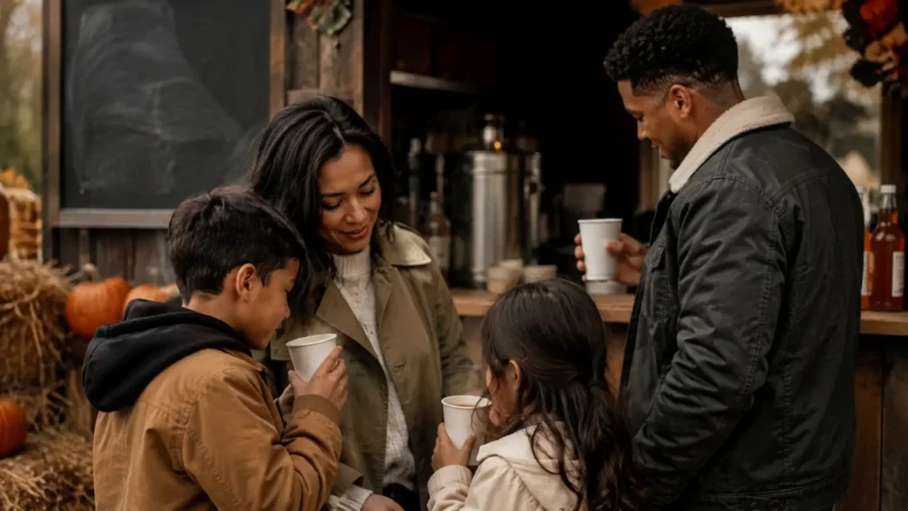 A mom, dad and two kids share cups of hot cider at a wooden farm stand in autumn